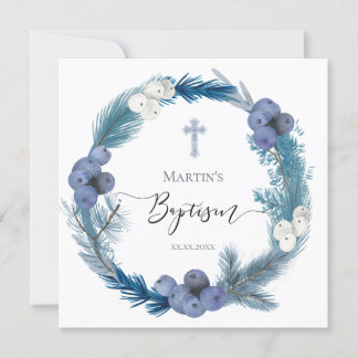 Invitation hiver bleu couronne aquarelle Baptême