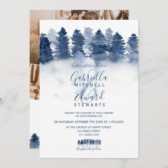Invitation Hiver bleu forêt bois aquarelle photo mariage (Devant / Derrière)