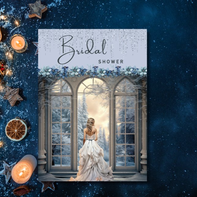 Invitation Hiver Bleu Neige Flore Élégante Fête des mariées (Créateur téléchargé)