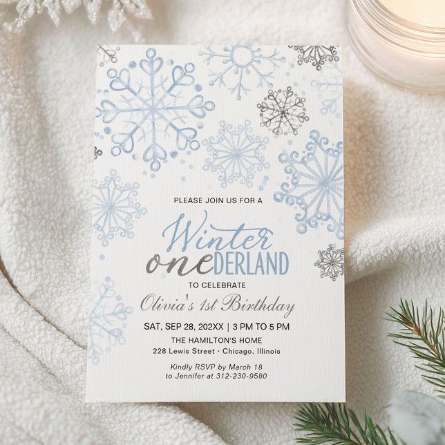 Invitation Hiver bleu Onederland 1er anniversaire Flocon de n (Créateur téléchargé)
