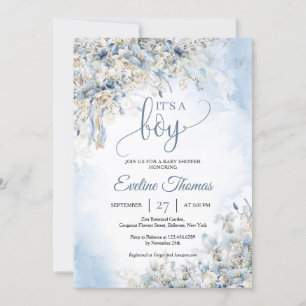 Invitation Hiver bleu poussiéreux fleurs blanc roses C'est un