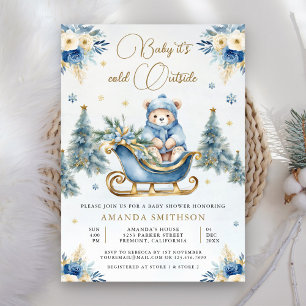 Invitation Hiver Blue Gold Floral Teddy Bear Baby shower