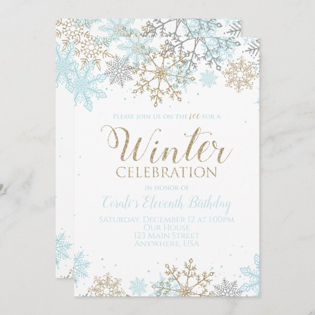 Invitation Hiver Blue Gold Silver Snowflakes Anniversaire (Devant / Derrière)