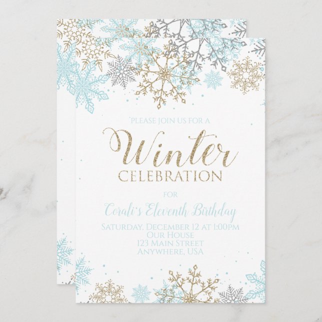 Invitation Hiver Blue Gold Silver Snowflakes Anniversaire (Devant / Derrière)