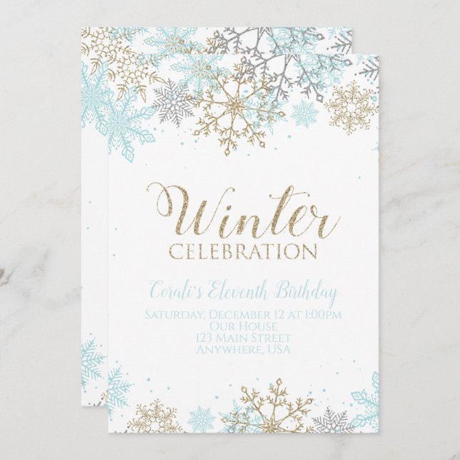 Invitation Hiver Blue Gold Silver Snowflakes Anniversaire (Devant / Derrière)