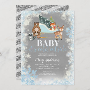 Invitation Hiver Blue Silver Snowflakes Woodland Baby shower