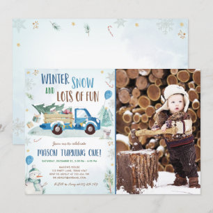 Invitation Hiver Blue Truck Snow Fun Boy Premier anniversaire
