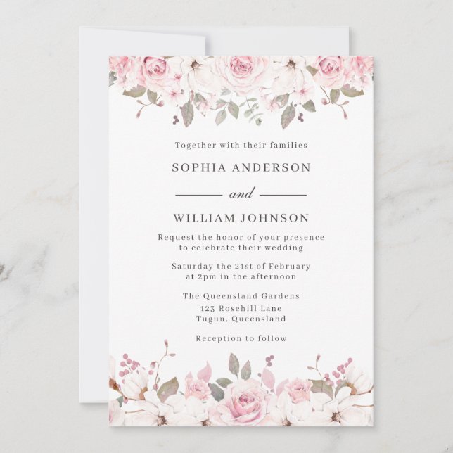Invitation Hiver Blush & Grey Aquarelle Florale Rose Mariage (Devant)