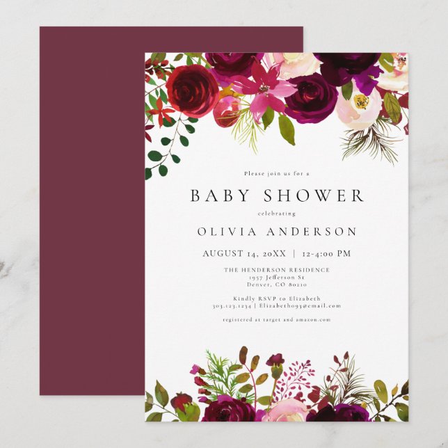 Invitation Hiver Bohème Bourgogne Baby shower Floral (Devant / Derrière)