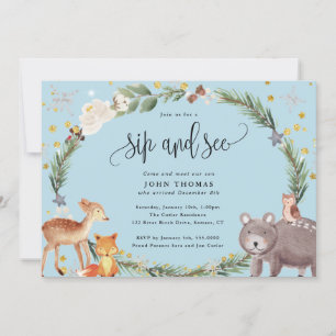 Invitation Hiver Bois Animaux Baby Boy Sip and See Blue