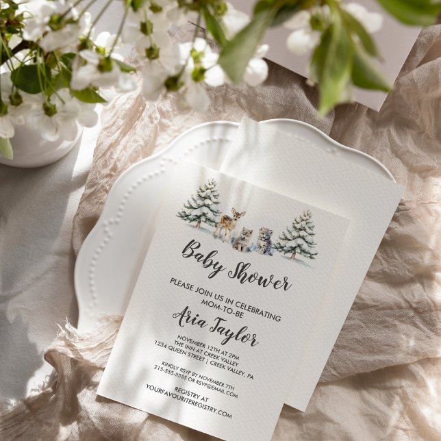 Invitation Hiver Bois Animaux|Baby shower blanc (Créateur téléchargé)