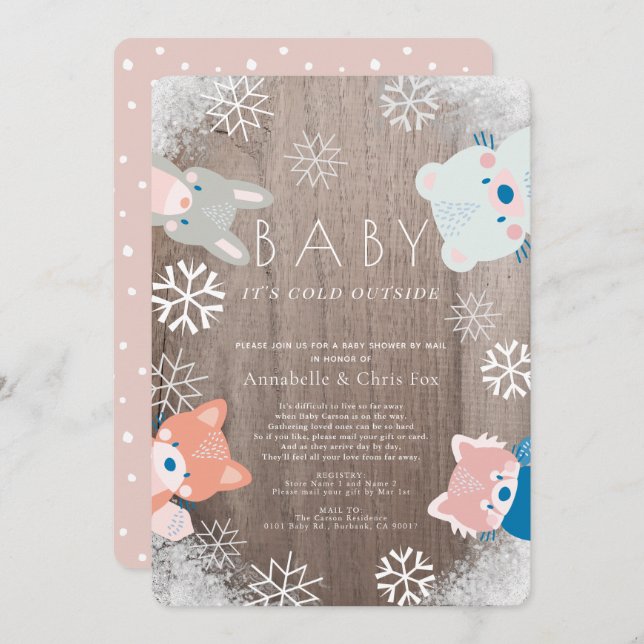 Invitation Hiver Bois Animaux Baby shower rose par la poste (Devant / Derrière)