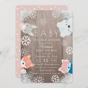 Invitation Hiver Bois Animaux Baby shower virtuel rose