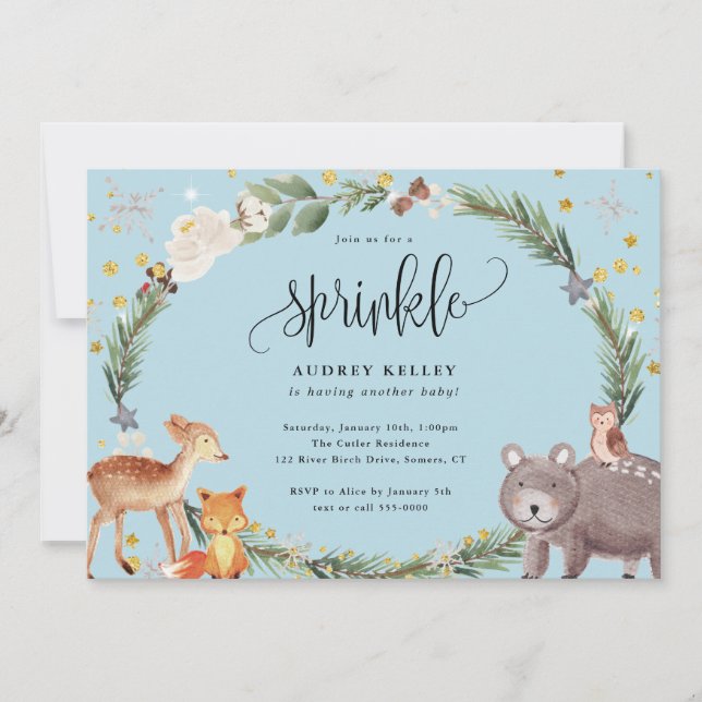 Invitation Hiver Bois Animaux Bébé Sprinkle Douche Bleu (Devant)