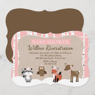 Invitation Hiver Bois Animaux Mort Coupe Baby shower rose