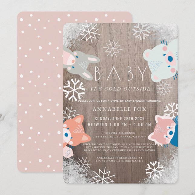 Invitation Hiver Bois Animaux Pink Drive-by Baby shower (Devant / Derrière)