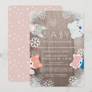 Invitation Hiver Bois Animaux Pink Drive-by Baby shower