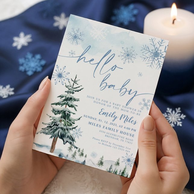 Invitation Hiver Bonjour bébé, Baby shower bleu hiver (Créateur téléchargé)