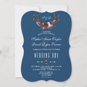 Invitation Hiver Bourgogne Floral Antlers Marine Mariage d'or