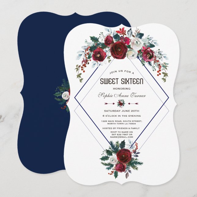 Invitation Hiver Bourgogne Floral Navy Blue Sweet 16 (Devant / Derrière)