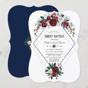Invitation Hiver Bourgogne Floral Navy Blue Sweet 16
