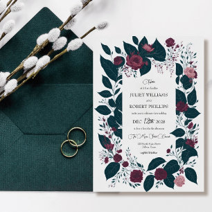 Invitation Hiver Bourgogne Vert Floral Feuille Mariage
