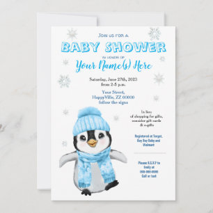 Invitation Hiver Boy Penguin Baby shower BlueInvitation