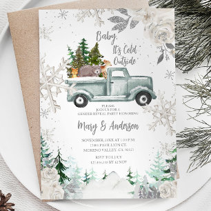 Invitation Hiver Camion Animal Blanc Floral Genre Révélation