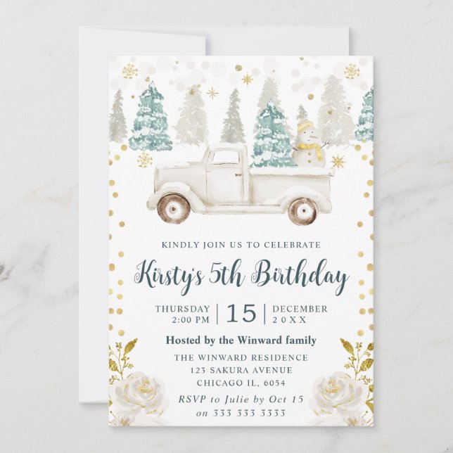 Invitation Hiver Camion Blanc & Or Floral Anniversaire (Devant)