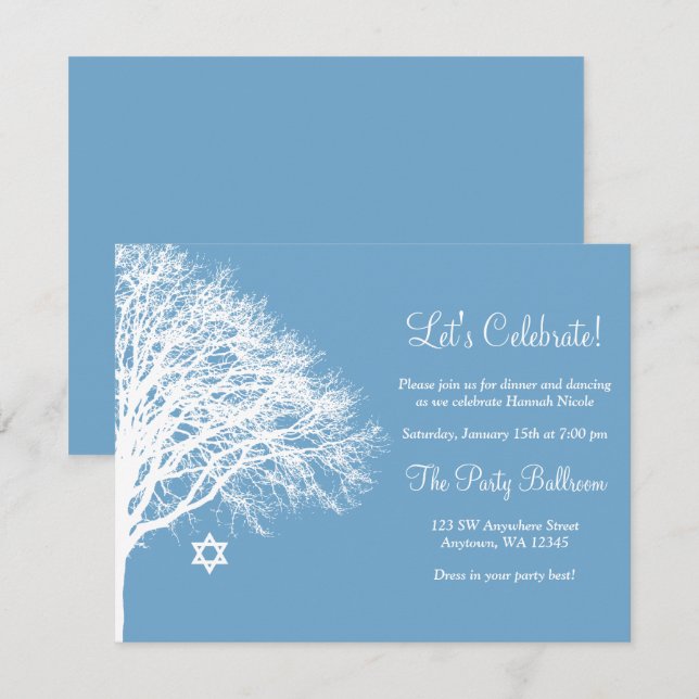 Invitation Hiver Chêne Bleu Blanc Bat mitzvah Réception (Devant / Derrière)