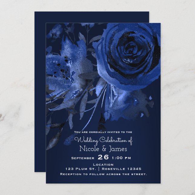 Invitation Hiver Chic Floral Bleu Rose Gras Mariage (Devant / Derrière)
