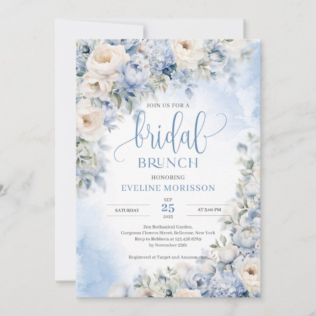 Invitation Hiver Dusty Bleu et Fleurs d'ivoire Brunch nuptial (Devant)