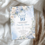 Invitation Hiver Dusty Bleu et Fleurs d'ivoire doux 16<br><div class="desc">Boho Elegant Winter Dusty Blue and Ivory Flowers sweet sixteen invitation, Ce magnifique design boho bleu floral tendance a présenté aquarelle peinte à la main hydrangea bleu hiver poussiéreux mélangé fleurs bleu clair et crème roses, et fleurs blanches et combinées design de calligraphie moderne. Т son irrésistible symphonie colorée est...</div>