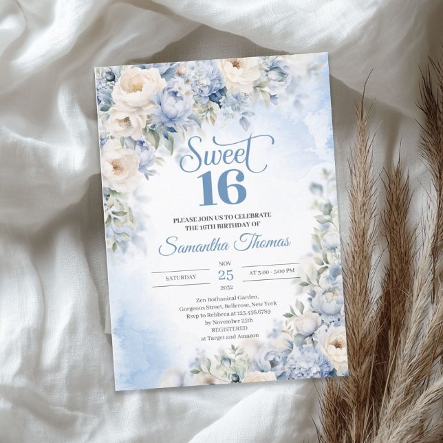 Invitation Hiver Dusty Bleu et Fleurs d'ivoire doux 16 (Winter Dusty Blue and Ivory Flowers Sweet 16 Invitation)