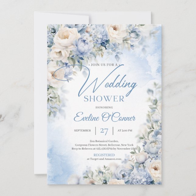 Invitation Hiver Dusty bleu et ivoire fleurs Wedding shower (Devant)