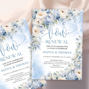 Invitation Hiver Dusty Blue et ivoire Fleurs voeu renouvellem