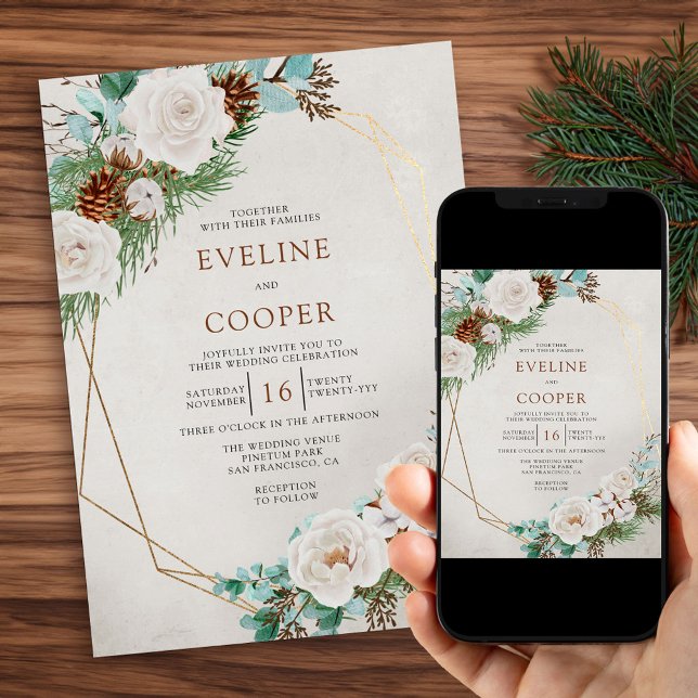 Invitation Hiver Floral Aquarelle Blanc Rose Mariage (Winter Wedding Invitation with Pine Eucalyptus and White Roses. Order Printed or Printable Download.)