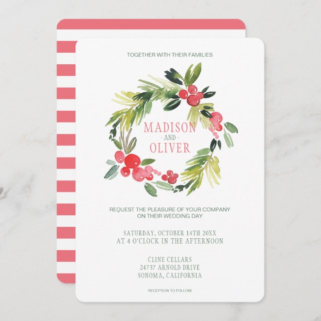 Invitation Hiver Floral Aquarelle Wreath | MARIAGE (Devant / Derrière)