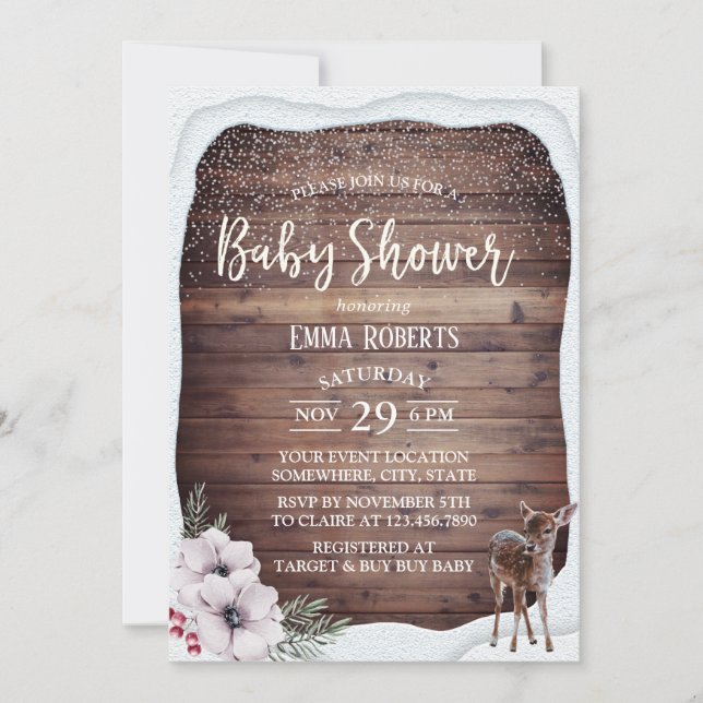 Invitation Hiver Floral mou Baby shower cerf (Devant)