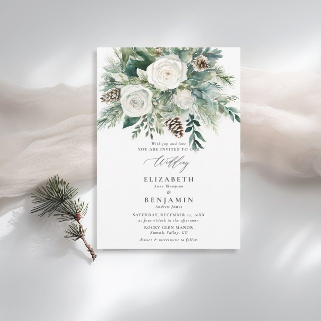 Invitation Hiver Floral Noël Aquarelle Mariage élégant (winter wedding invitation christmas floral botanical pine tree cone white roses rustic cozy elegant)