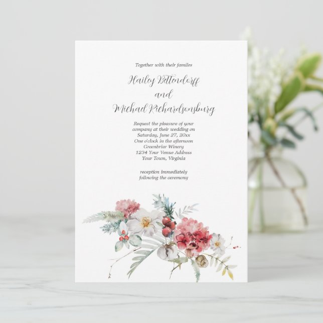 Invitation Hiver Floral Rouge Blush Blanc Vert Mariage (Debout devant)