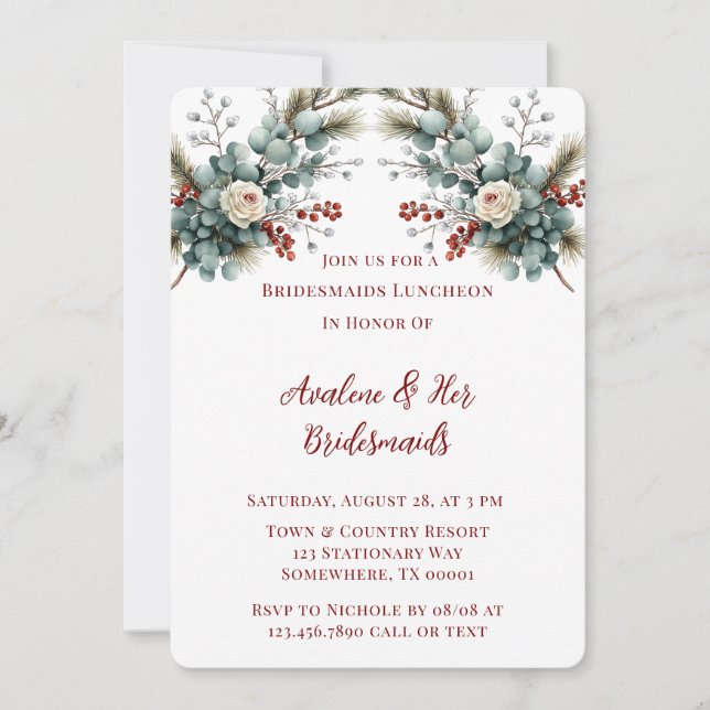 Invitation Hiver Floral Rouge Rose blanche Bridesmaitres Déje (Devant)
