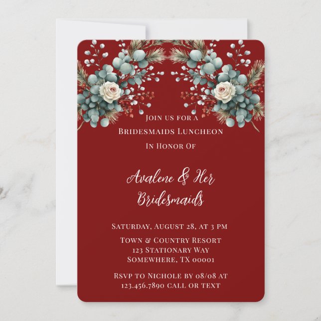 Invitation Hiver Floral Rouge Rose blanche Bridesmaitres Déje (Devant)