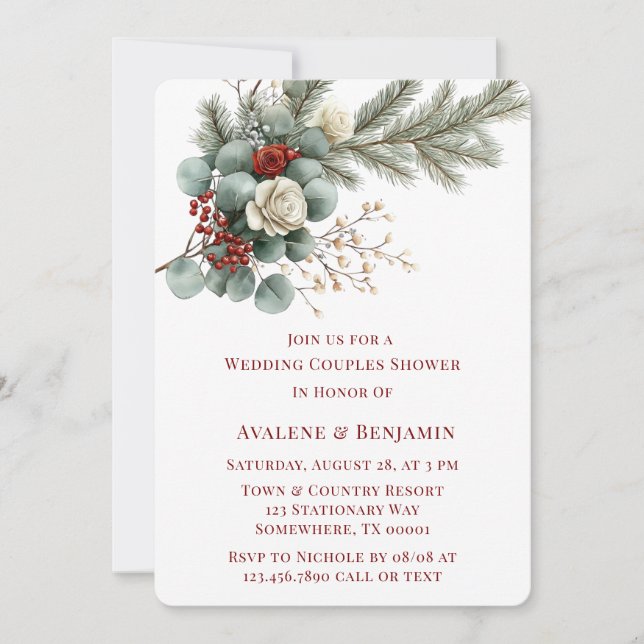 Invitation Hiver Floral Rouge Rose Mariage Couple Douche (Devant)