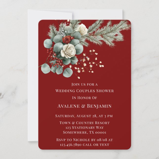 Invitation Hiver Floral Rouge Rose Mariage Couple Douche (Devant)