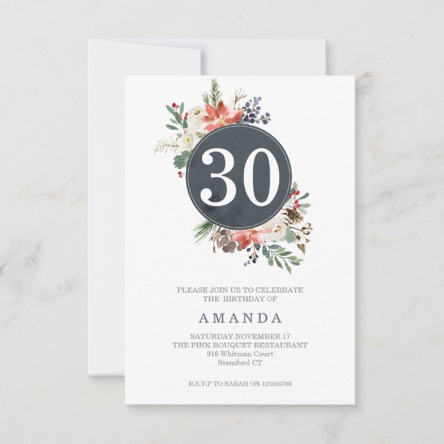 Invitation Hiver Gray wath Bouquet N'importe quel âge Anniver (Devant)