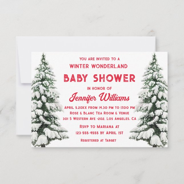 Invitation hiver merveilleux enneigé pins baby shower rouge (Devant)