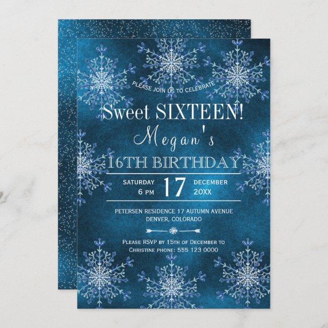 Invitation Hiver merveilleux flocons de neige Sweet 16 annive (Devant / Derrière)