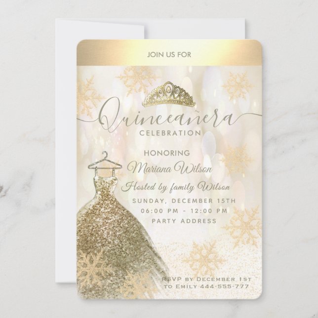 Invitation Hiver merveilleux Gold snowflake bokeh Quinceañera (Devant)
