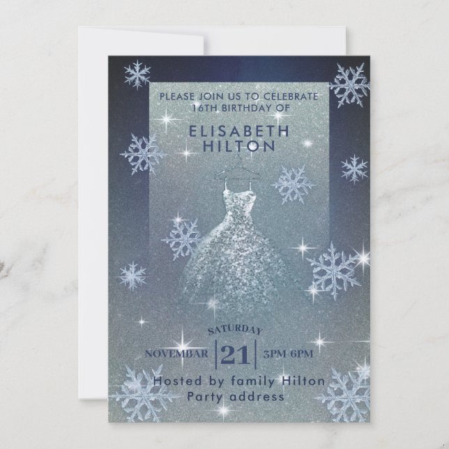 Invitation Hiver merveilleux snowflakes robe sweet sixteen i (Devant)
